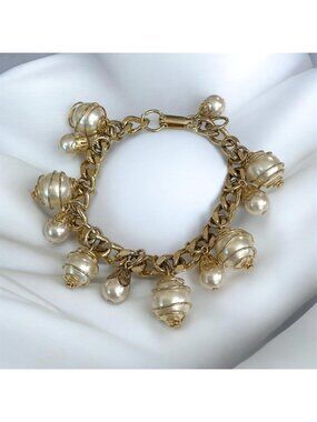Vintage 7-Inch Gold-Tone Bracelet With Faux Pearl Cha Cha  Charms & Wire-Wrapped